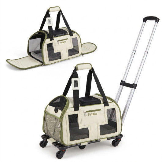 Rolling Pet Carrier with Wheels & Telescopic Handle and Mesh Windows for Pets-Blue W2B
