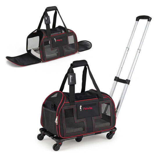 Rolling Pet Carrier with Wheels & Telescopic Handle and Mesh Windows for Pets-Blue W2B
