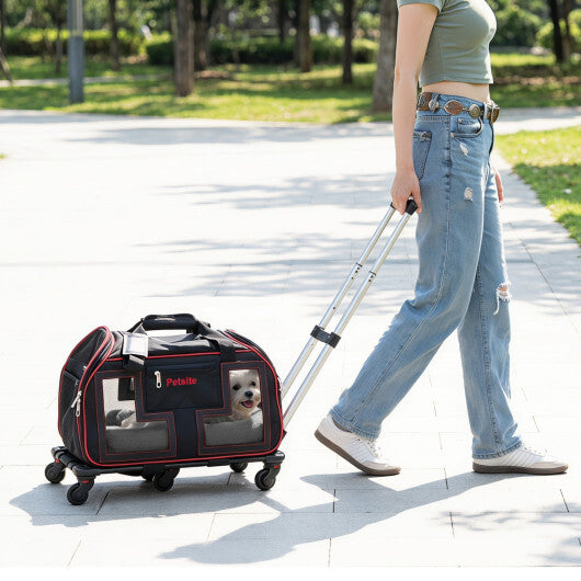 Rolling Pet Carrier with Wheels & Telescopic Handle and Mesh Windows for Pets-Blue W2B