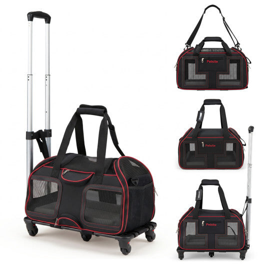 Rolling Pet Carrier with Wheels & Telescopic Handle and Mesh Windows for Pets-Blue W2B