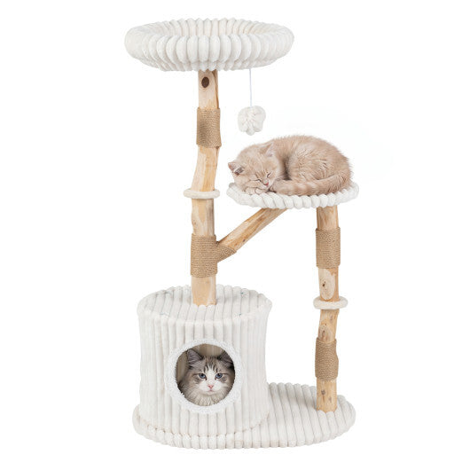 Solid Wood Cat Tree 41 Inch with Real Branches & Scratching Posts and Cozy Bed-Beige W2B