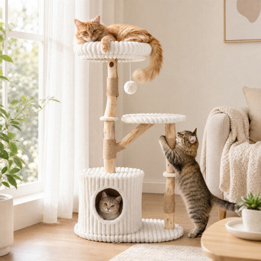 Solid Wood Cat Tree 41 Inch with Real Branches & Scratching Posts and Cozy Bed-Beige W2B