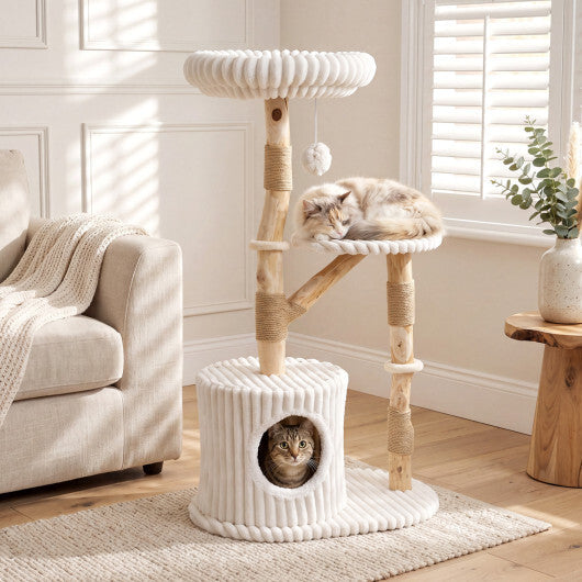 Solid Wood Cat Tree 41 Inch with Real Branches & Scratching Posts and Cozy Bed-Beige W2B