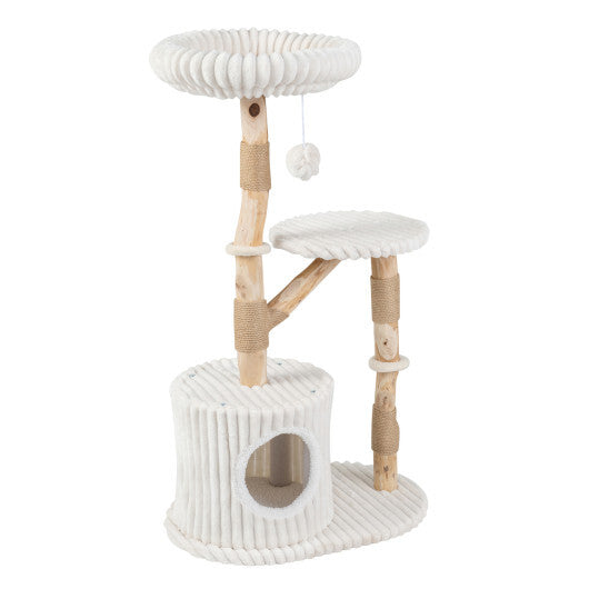 Solid Wood Cat Tree 41 Inch with Real Branches & Scratching Posts and Cozy Bed-Beige W2B