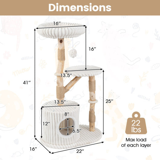Solid Wood Cat Tree 41 Inch with Real Branches & Scratching Posts and Cozy Bed-Beige W2B