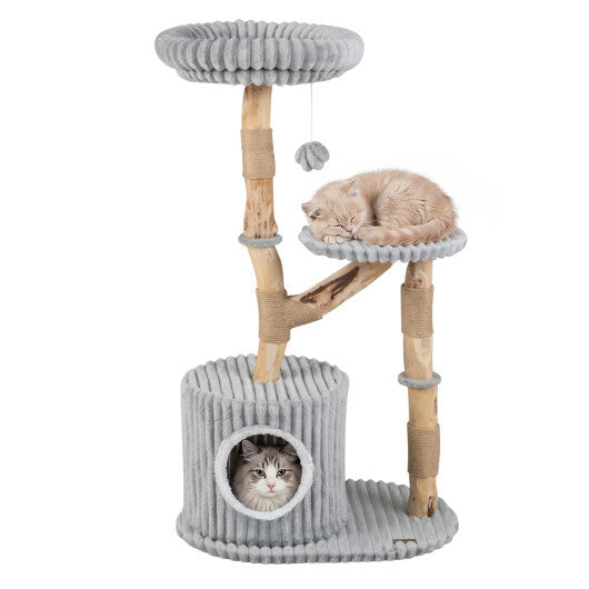 Solid Wood Cat Tree 41 Inch with Real Branches & Scratching Posts and Cozy Bed-Beige W2B