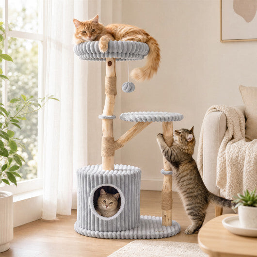 Solid Wood Cat Tree 41 Inch with Real Branches & Scratching Posts and Cozy Bed-Beige W2B