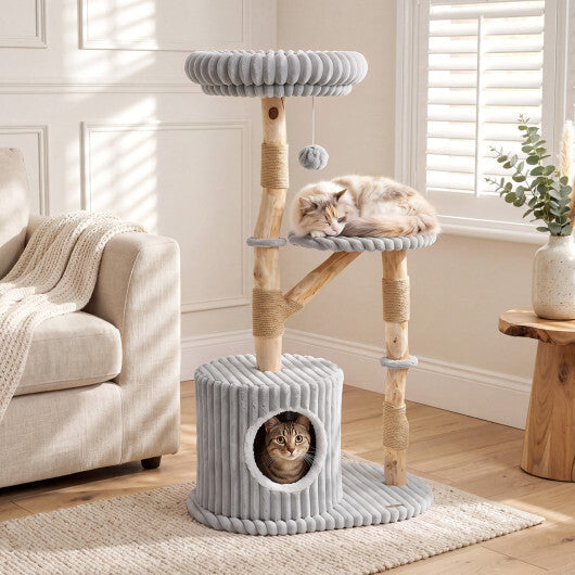 Solid Wood Cat Tree 41 Inch with Real Branches & Scratching Posts and Cozy Bed-Beige W2B