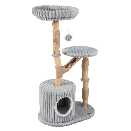 Solid Wood Cat Tree 41 Inch with Real Branches & Scratching Posts and Cozy Bed-Beige W2B
