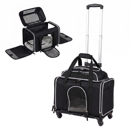 Foldable Pet Carrier with Wheels Airline Approved Rolling Cat and Dog Carrier-Black W2B