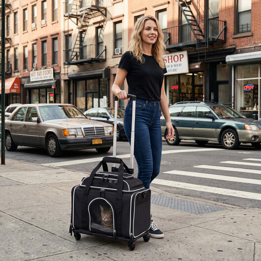 Foldable Pet Carrier with Wheels Airline Approved Rolling Cat and Dog Carrier-Black W2B