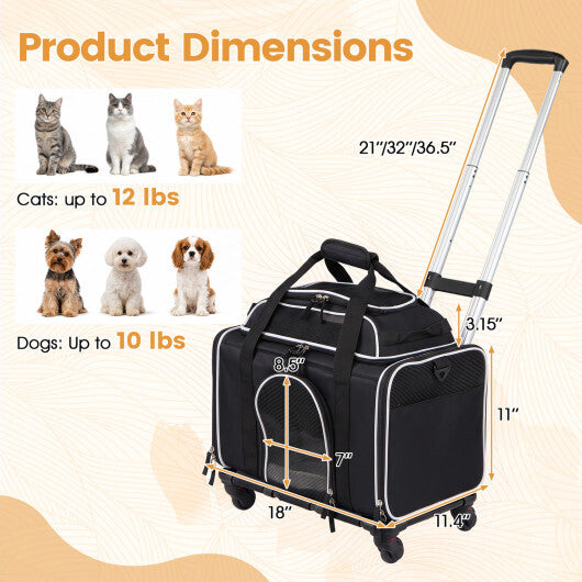 Foldable Pet Carrier with Wheels Airline Approved Rolling Cat and Dog Carrier-Black W2B
