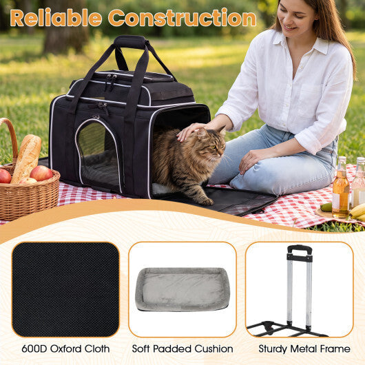 Foldable Pet Carrier with Wheels Airline Approved Rolling Cat and Dog Carrier-Black W2B