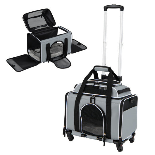 Foldable Pet Carrier with Wheels Airline Approved Rolling Cat and Dog Carrier-Black W2B