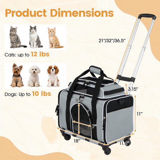 Foldable Pet Carrier with Wheels Airline Approved Rolling Cat and Dog Carrier-Black W2B