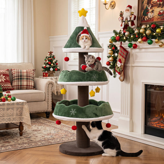 56.5 Inch Multi-Level Cat Tower with Fully-wrapped Scratching Posts-Green W2B