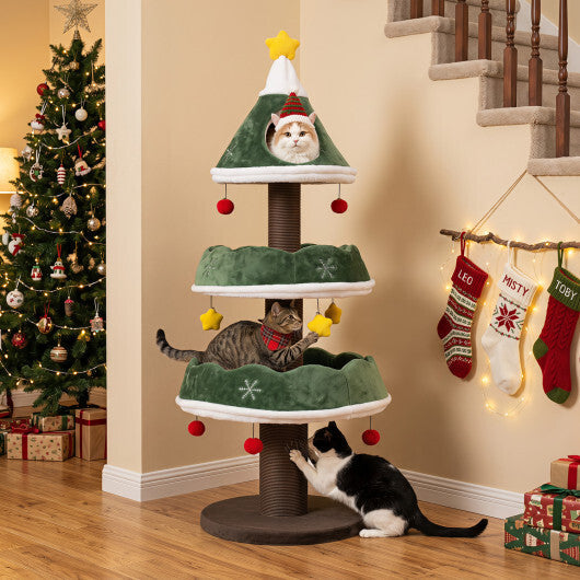 56.5 Inch Multi-Level Cat Tower with Fully-wrapped Scratching Posts-Green W2B