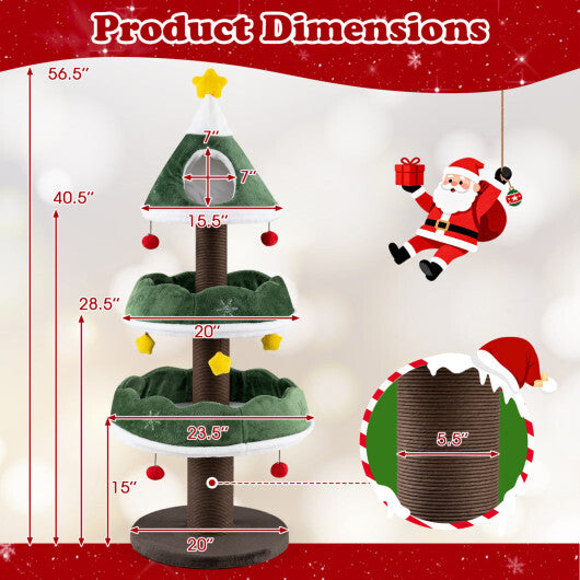 56.5 Inch Multi-Level Cat Tower with Fully-wrapped Scratching Posts-Green W2B
