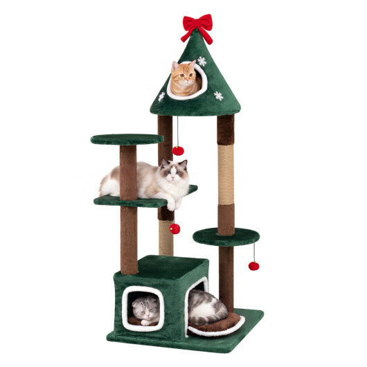 54"Christmas Cat Tree with 2 Condos and Removable Cushion-Green W2B