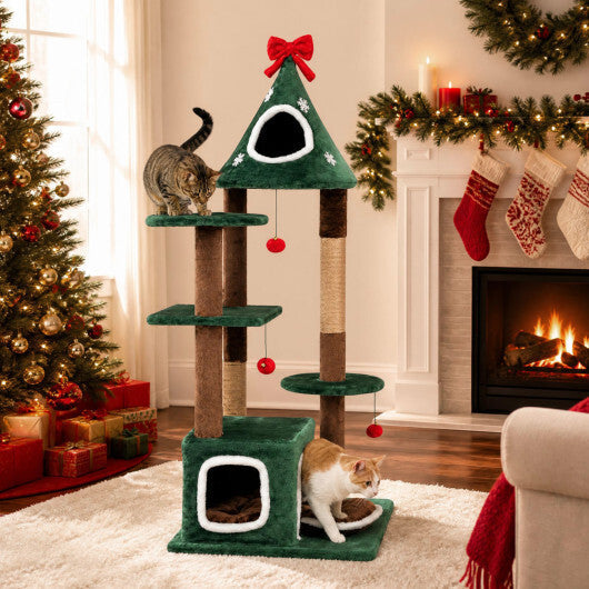 54"Christmas Cat Tree with 2 Condos and Removable Cushion-Green W2B
