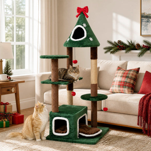 54"Christmas Cat Tree with 2 Condos and Removable Cushion-Green W2B