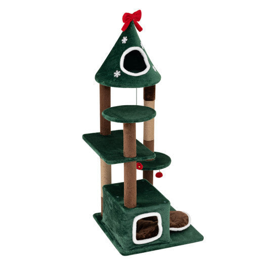 54"Christmas Cat Tree with 2 Condos and Removable Cushion-Green W2B