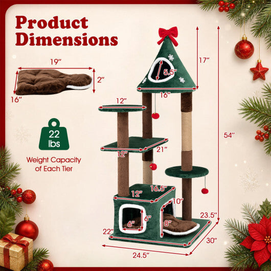 54"Christmas Cat Tree with 2 Condos and Removable Cushion-Green W2B
