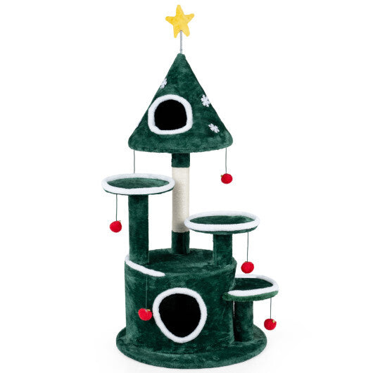 50" Christmas Cat Tree with 2 Condos and Sisal Scratching Post-Green W2B