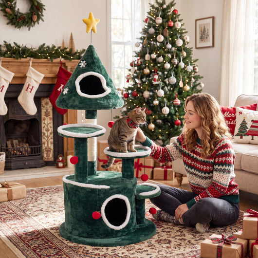50" Christmas Cat Tree with 2 Condos and Sisal Scratching Post-Green W2B
