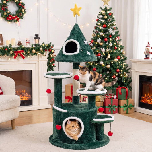 50" Christmas Cat Tree with 2 Condos and Sisal Scratching Post-Green W2B