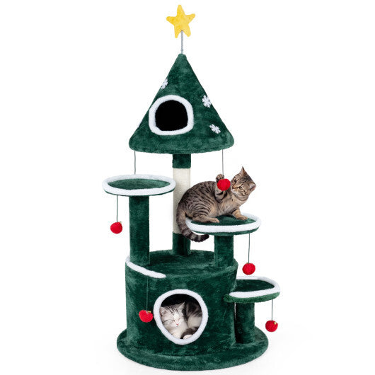 50" Christmas Cat Tree with 2 Condos and Sisal Scratching Post-Green W2B