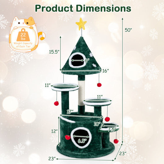 50" Christmas Cat Tree with 2 Condos and Sisal Scratching Post-Green W2B