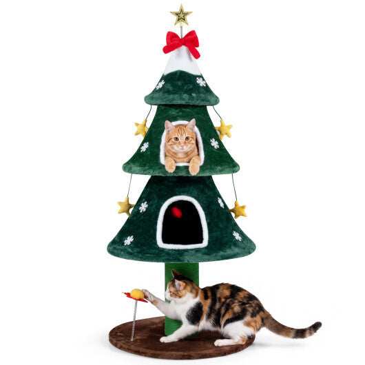 54 Inch Christmas Cat Tree with 2 Private Condos for Indoor Cats-Green W2B