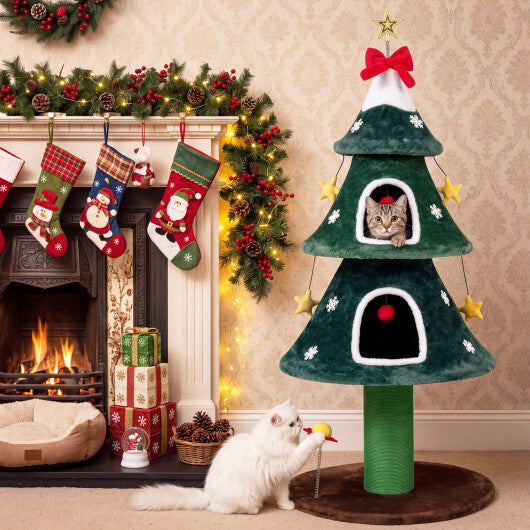 54 Inch Christmas Cat Tree with 2 Private Condos for Indoor Cats-Green W2B