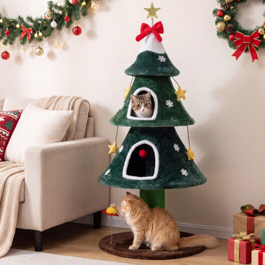 54 Inch Christmas Cat Tree with 2 Private Condos for Indoor Cats-Green W2B
