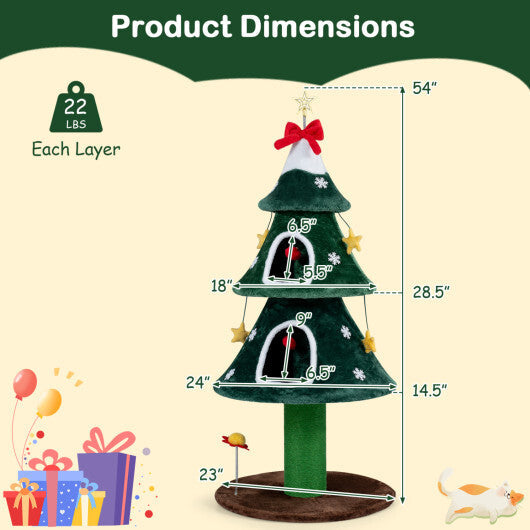 54 Inch Christmas Cat Tree with 2 Private Condos for Indoor Cats-Green W2B