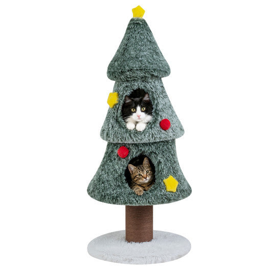 Christmas Cat Tree with 2 Condos Scratching Post and Decorative Stars-Green W2B