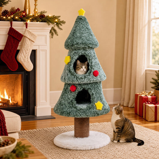 Christmas Cat Tree with 2 Condos Scratching Post and Decorative Stars-Green W2B