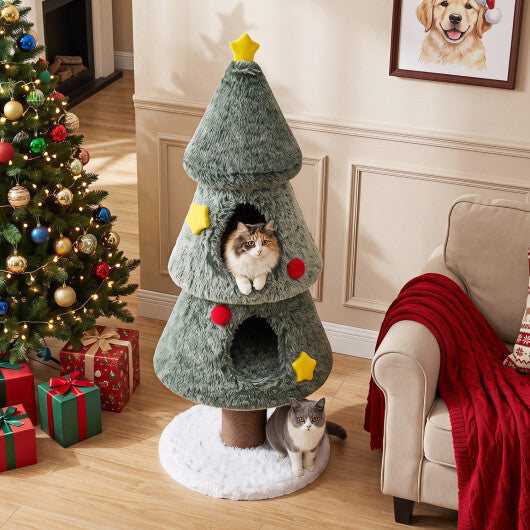 Christmas Cat Tree with 2 Condos Scratching Post and Decorative Stars-Green W2B