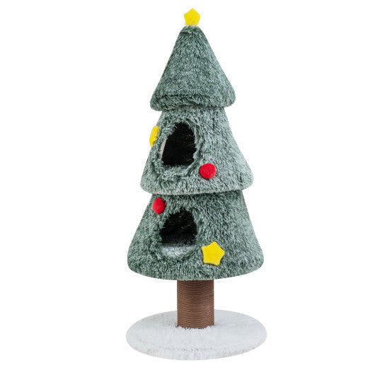 Christmas Cat Tree with 2 Condos Scratching Post and Decorative Stars-Green W2B