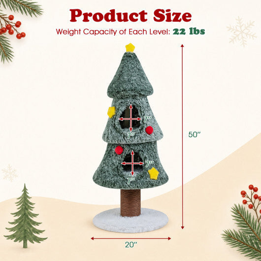 Christmas Cat Tree with 2 Condos Scratching Post and Decorative Stars-Green W2B