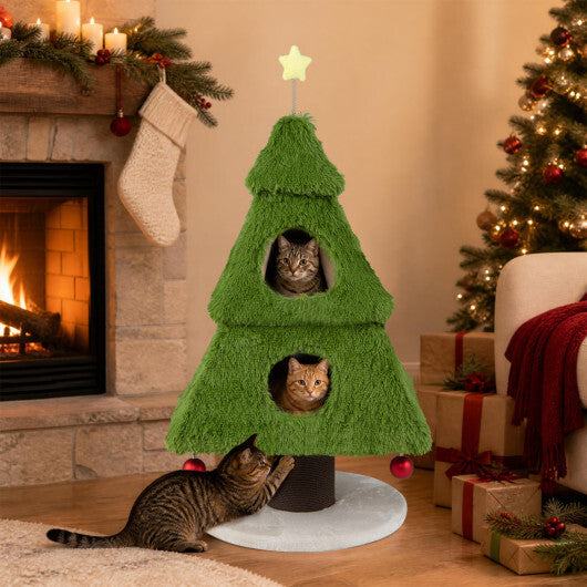 Christmas Cat Tree with Scratching Post and Dangling Balls for Indoor Cats-Green W2B