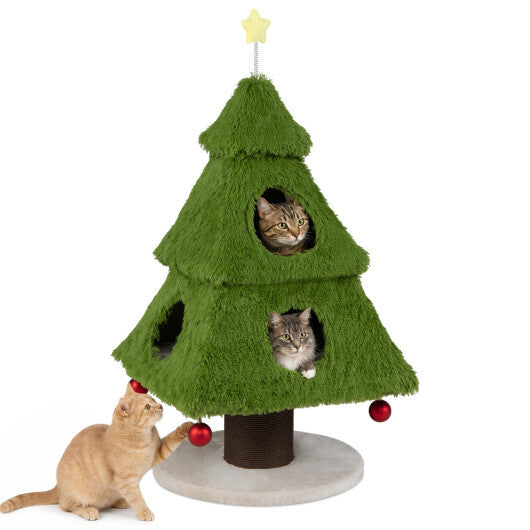 Christmas Cat Tree with Scratching Post and Dangling Balls for Indoor Cats-Green W2B