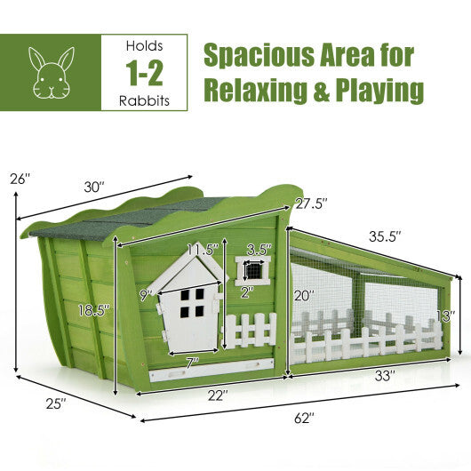 62 Inch Wooden Rabbit Hutch with Pull Out Tray-Green