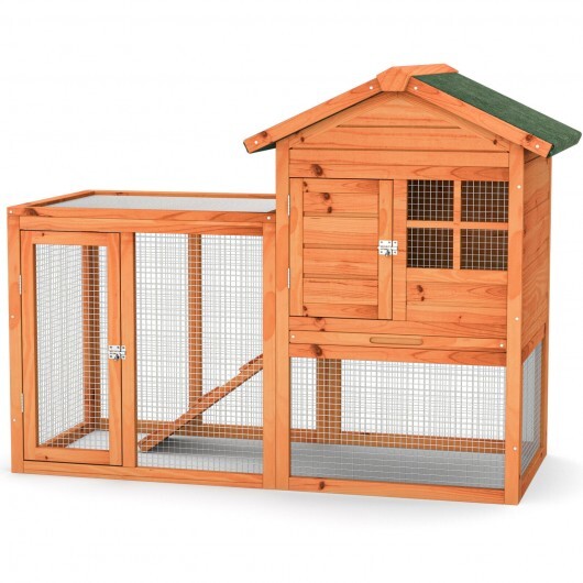 2-Story Wooden Rabbit Hutch with Running Area-Gray