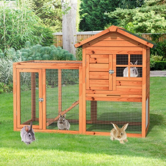 2-Story Wooden Rabbit Hutch with Running Area-Gray