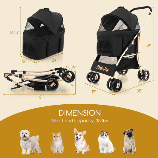 3-In-1 Pet Stroller with Removable Car Seat Carrier-Black W2B