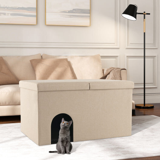 3-in-1 Cat Litter Box Enclosure with Removable & Movable Divider for Pets-Beige W2B