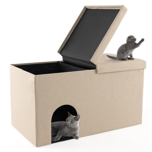3-in-1 Cat Litter Box Enclosure with Removable & Movable Divider for Pets-Beige W2B