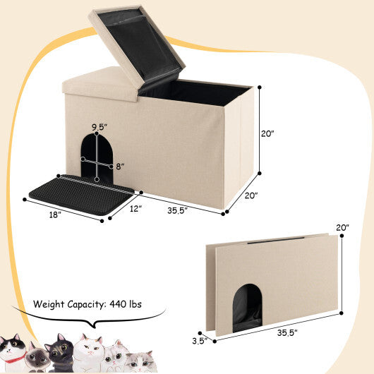3-in-1 Cat Litter Box Enclosure with Removable & Movable Divider for Pets-Beige W2B